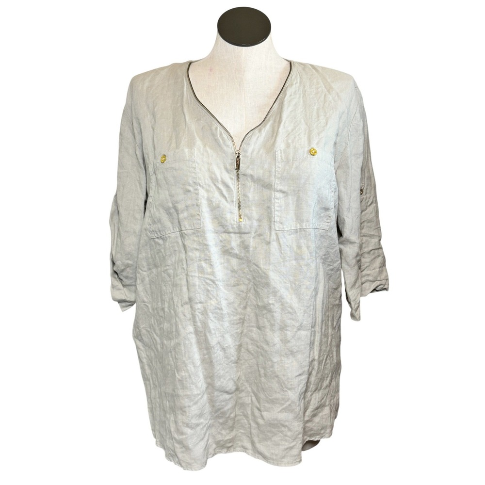 Company Ellen Tracy Women Tunic XXL Beige Linen Half-Zip Roll-Tab Sleeve Blouse